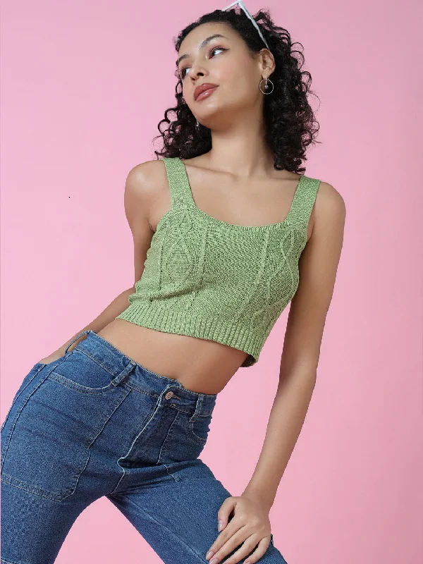 Women Green Solid Crochet Crop Top-BEC-73101-Green Embroidered Appliqued Beaded