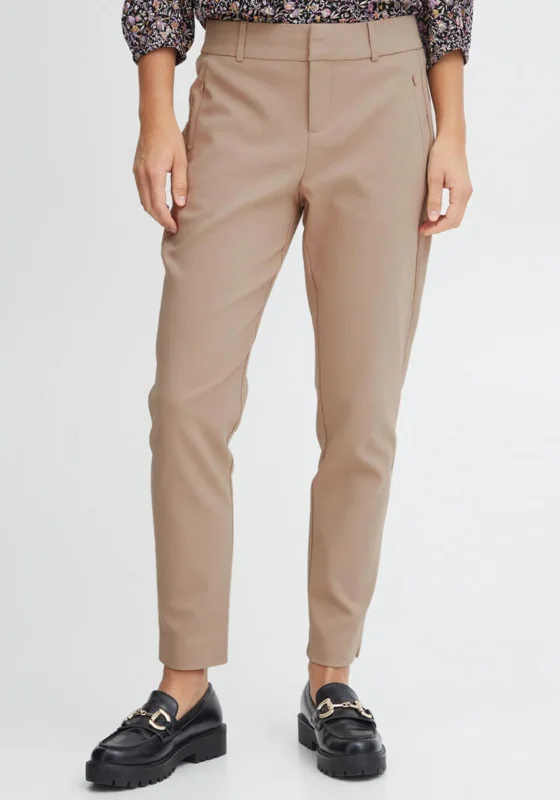 Fransa Carrie Mid Waist Trousers, Camel Cropped Trousers Casual Linen