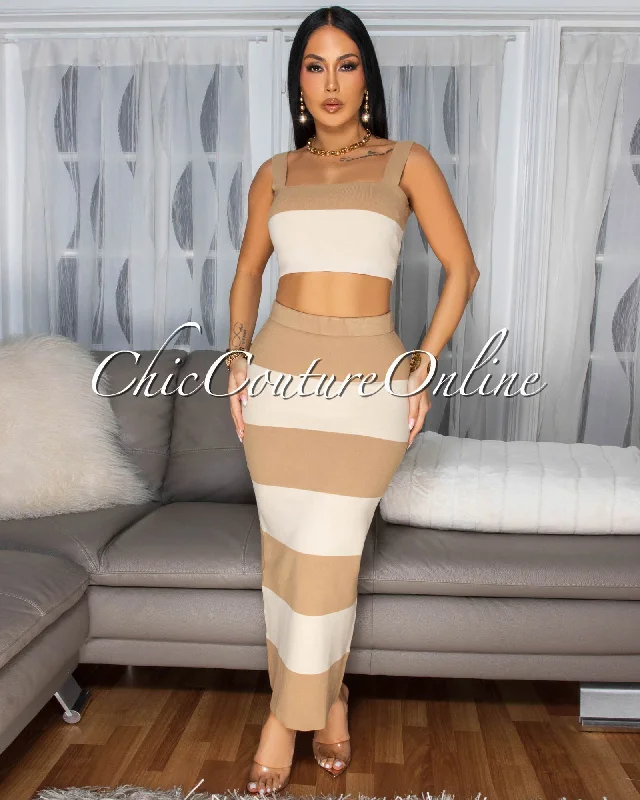 Mielle Toffee Nude Crop Top & Maxi Skirt Knit Set Houndstooth Herringbone Solid