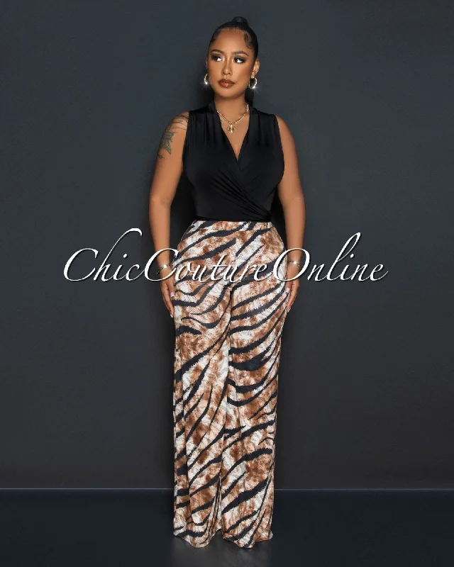 Mabyn Black Front Tie Crop Top & Brown Print Wide Pants Set Ribbed Crop Top High Neck Heavyweight