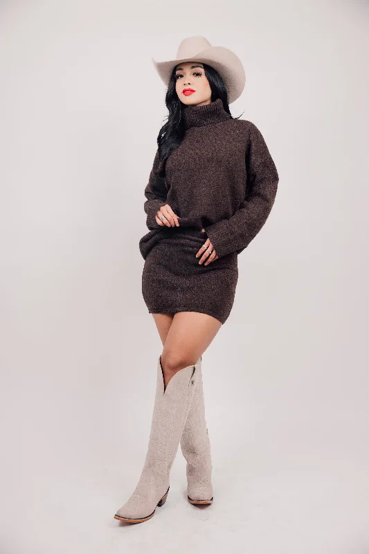 Turtleneck Sweater and Mini Skirt Set Hooded Caped Shawl Collar