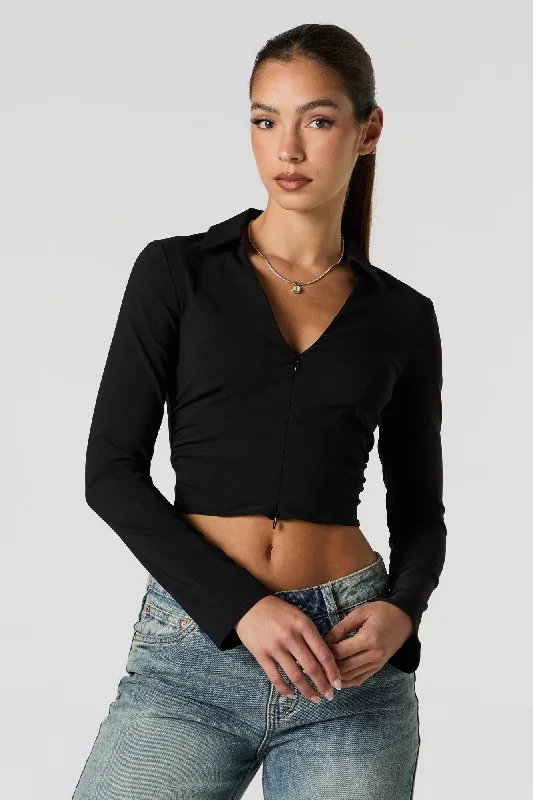 Zip-Up Collared Long Sleeve Crop Top Notch Collar Peter Pan Collar Cowl Neck