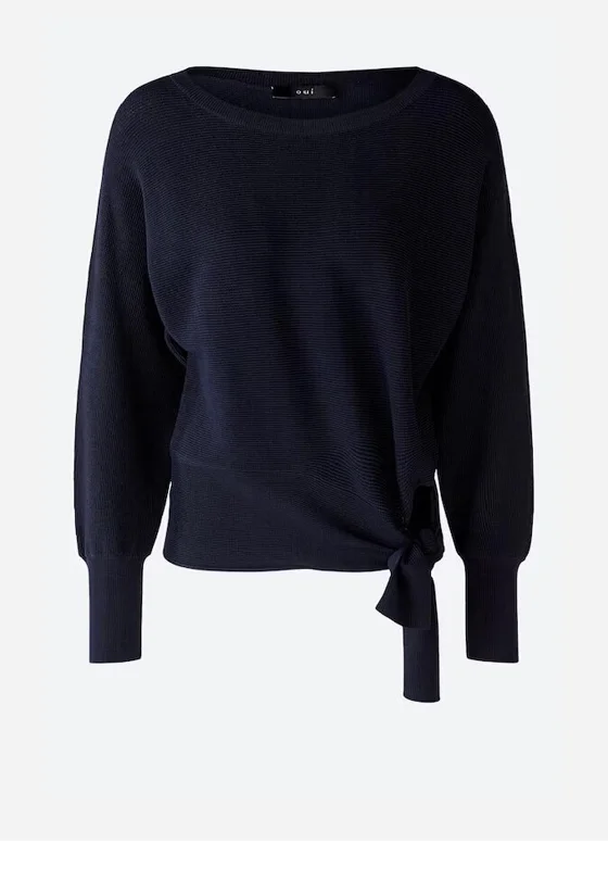 OUI Tie Waist Knit Jumper, Dark Blue Spandex Blend Rayon Blend Denim Blend