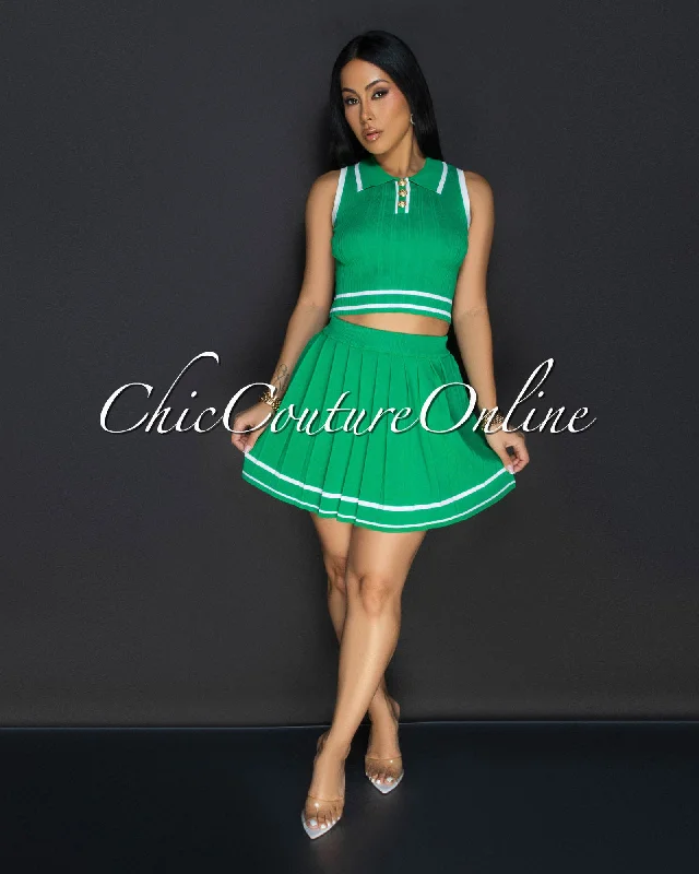 Calvina Green White Stripes Tennis Crop Top & Skirt Set Terry Blend Velvet Blend Canvas Blend