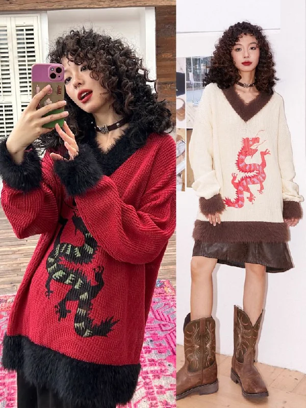 Loose Dragon Print Sweater【s0000005124】 Stylish Fashionable Trendy