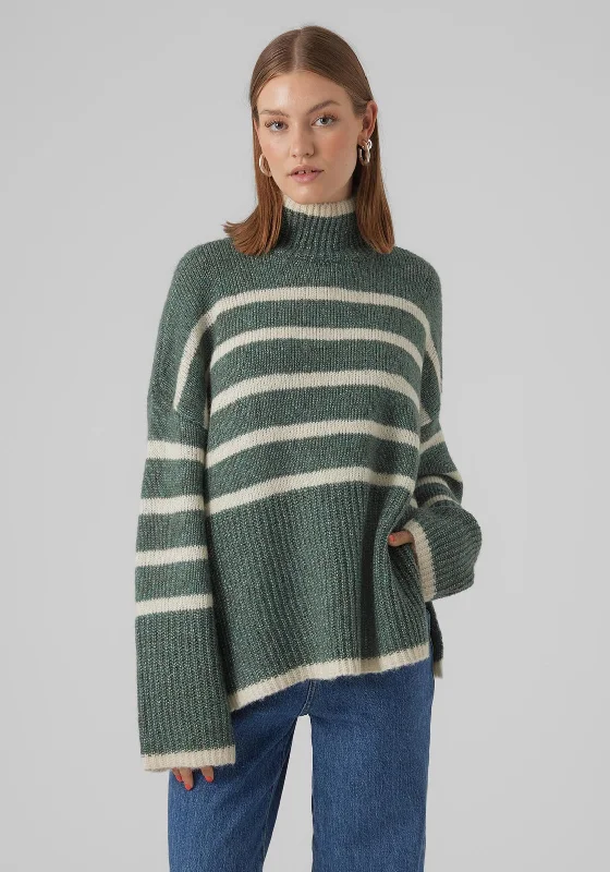 Vero Moda Wiona Striped Knit Jumper, Birch & Dark Forest Embroidered Appliqued Beaded
