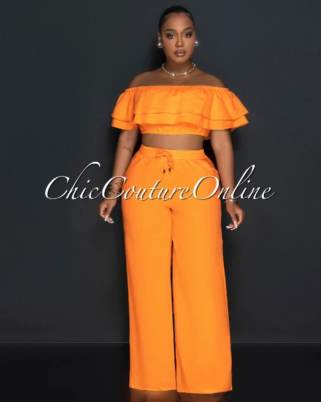 Yuri Orange Ruffle Crop Top & Wide Pants Set Cashmere Blend Cotton Blend Poly Blend