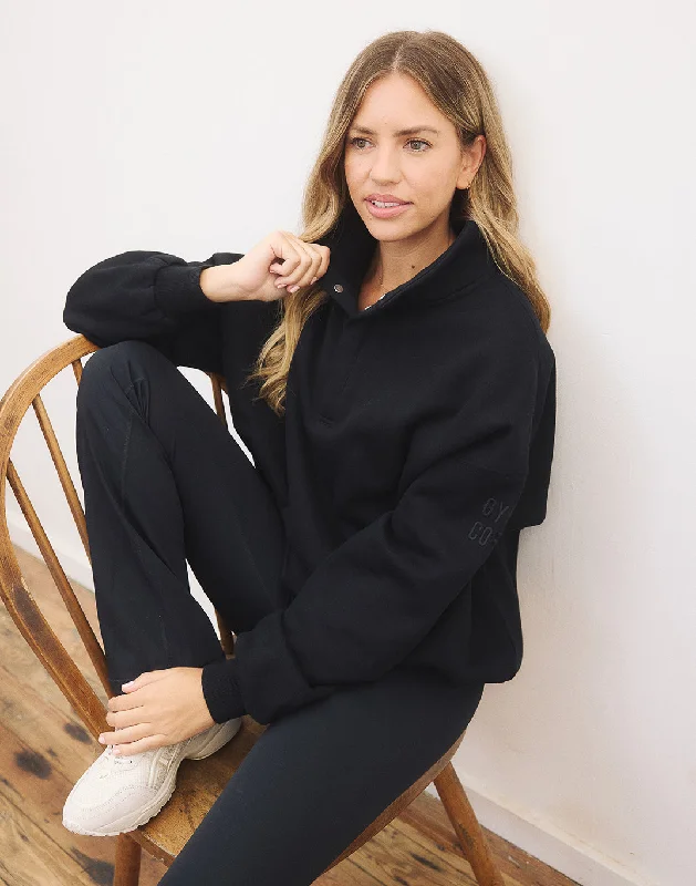Snap Collar Sierra Sweatshirt in Black Hoodie with Half-Zip Sporty Casual