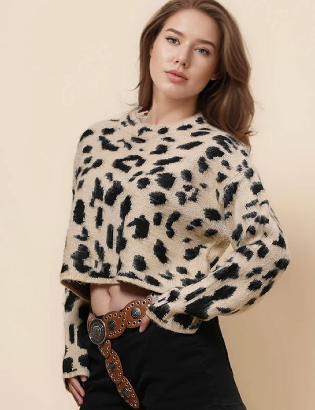 Ladie Leopard Knit Cozy Crop Sweater SKT41165 Boat Neck Shawl Collar Notched Collar