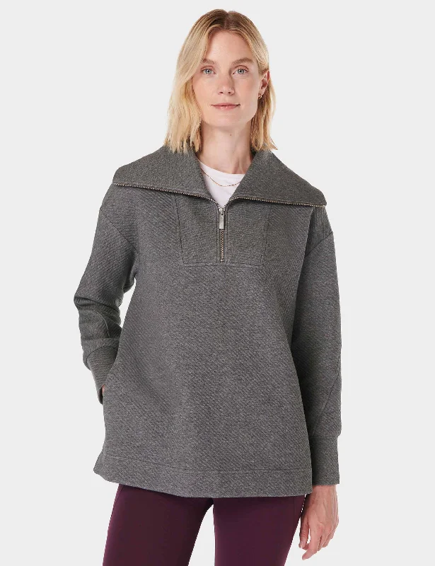 Radiant Half Zip Sweatshirt - Charcoal Grey Marl Hoodie with Button Classic Timeless
