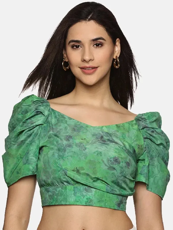 Floral Green Wrap Crop Top-17342 Collared Crew Neck Turtle Neck