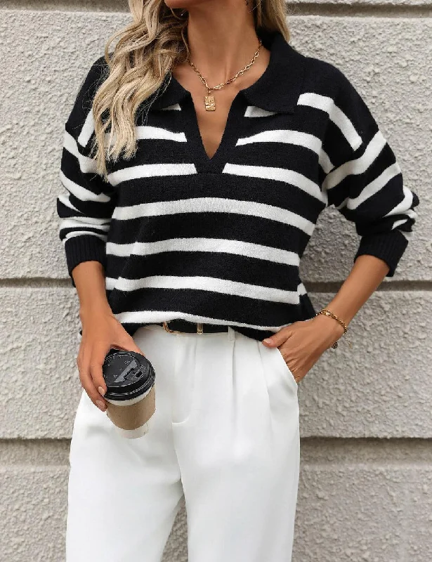 Ladies Striped Turndown Collar Knit Sweater E2374 Front Pockets Side Pockets Patch Pockets