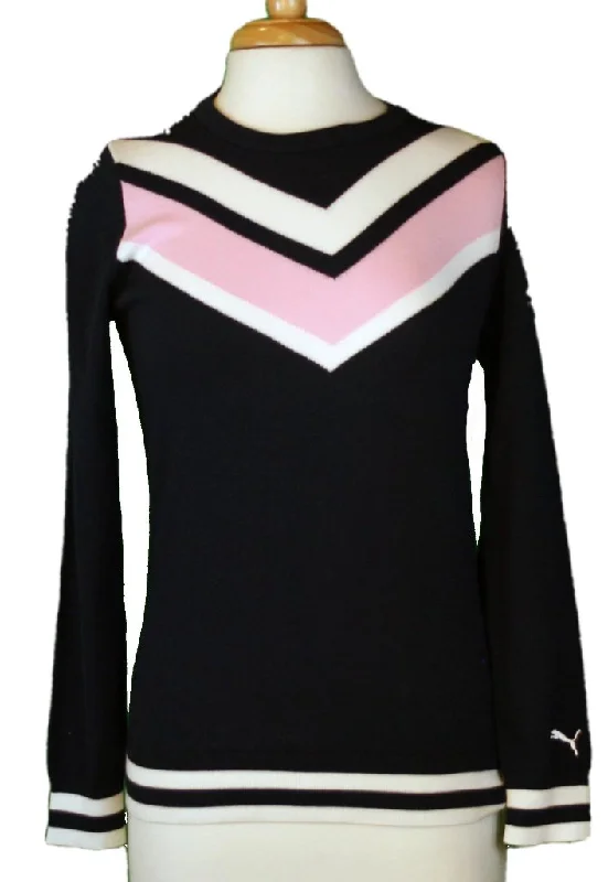 New Puma Knit Crew Neck Sweater in Navy with White & Pink Chevron Sleeve Logo Terry Blend Velvet Blend Canvas Blend