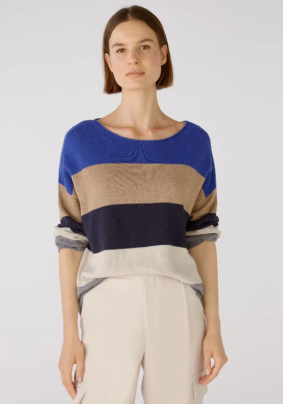 OUI Colour Block Stripe Knit Jumper, Blue Stone Chenille Blend Fleece Blend Nylon Blend
