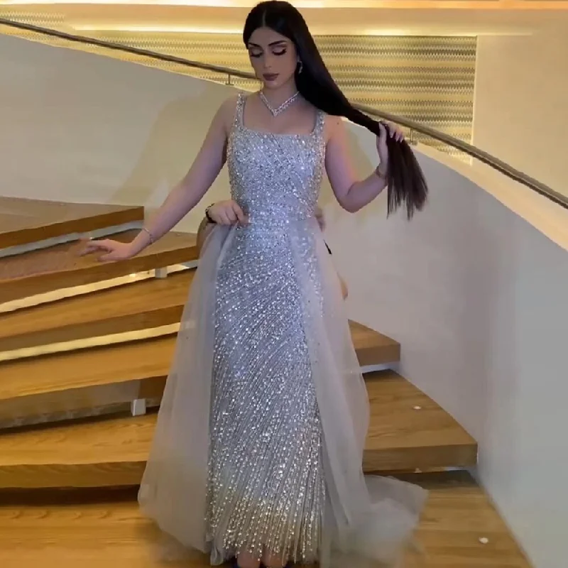 Serene Hill Sexy Silver Mermaid Detachable Skirt Beaded Luxury  Arabic Evening Dresses Gowns 2023 For Women Party LA71618