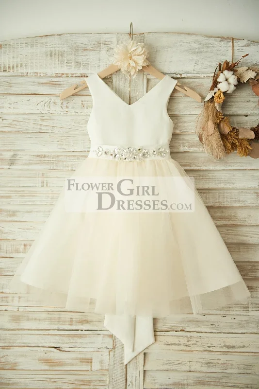 V Neck Ivory Satin Champagne Tulle Wedding Flower Girl Dress, Belt
