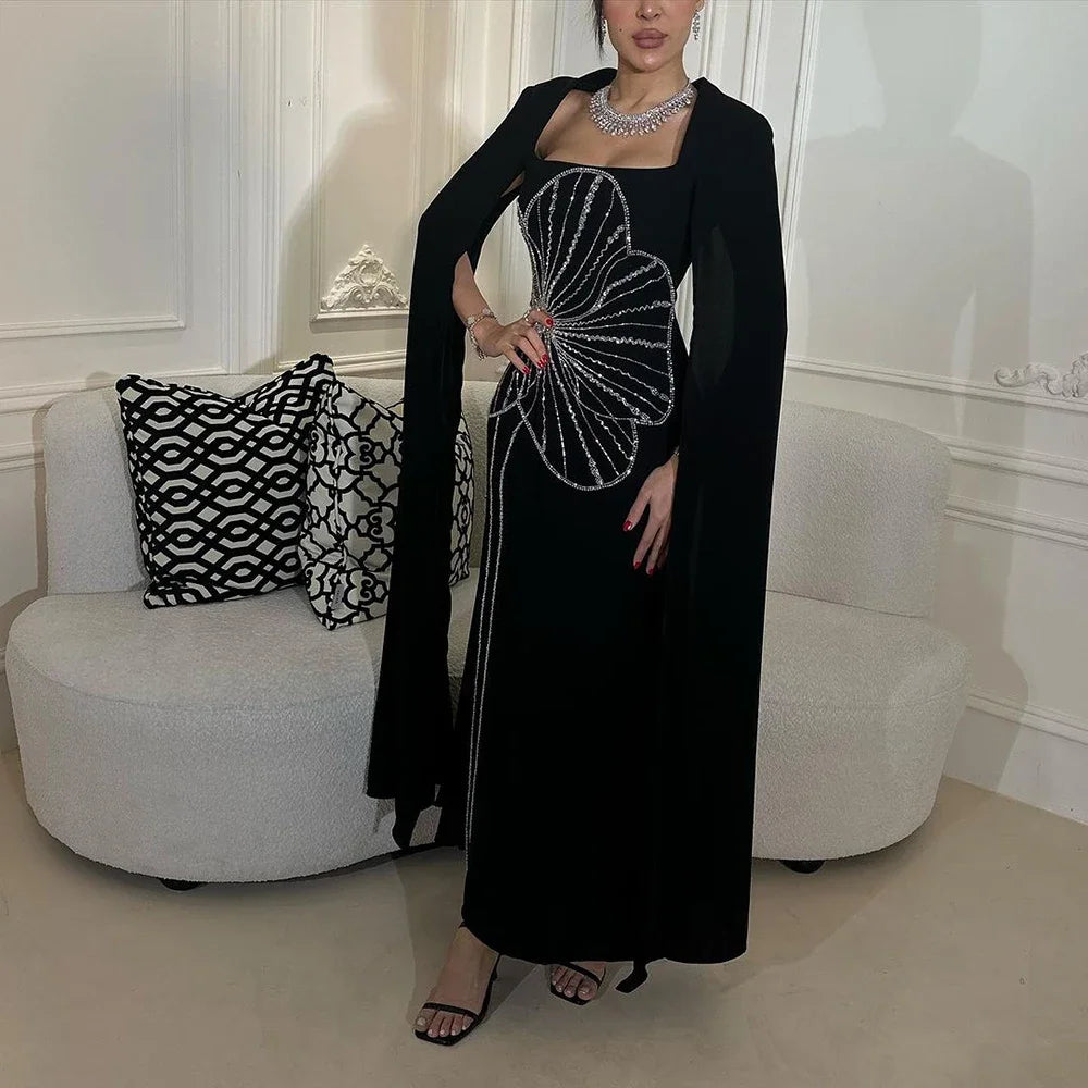 Serene Hill Arabic Black Mermaid Elegant Cape Sleeves Beaded Satin Luxury Dubai Evening Dresses Gowns For Women Party LA72461 Serene Hill Arabic Black Mermaid Elegant Cape Sleeves Beaded Satin Luxury Dubai Evening Dresses Gowns For Women Party LA72461