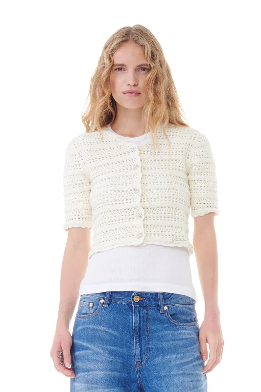 Ganni - Cotton Pointelle Short Sleeve Cardigan Lightweight Heavyweight Midweight