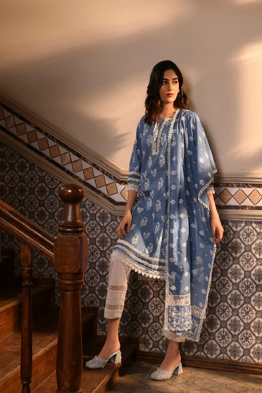 Darya Kurta With Floral Ladder Slim White Pant Quality Crop,