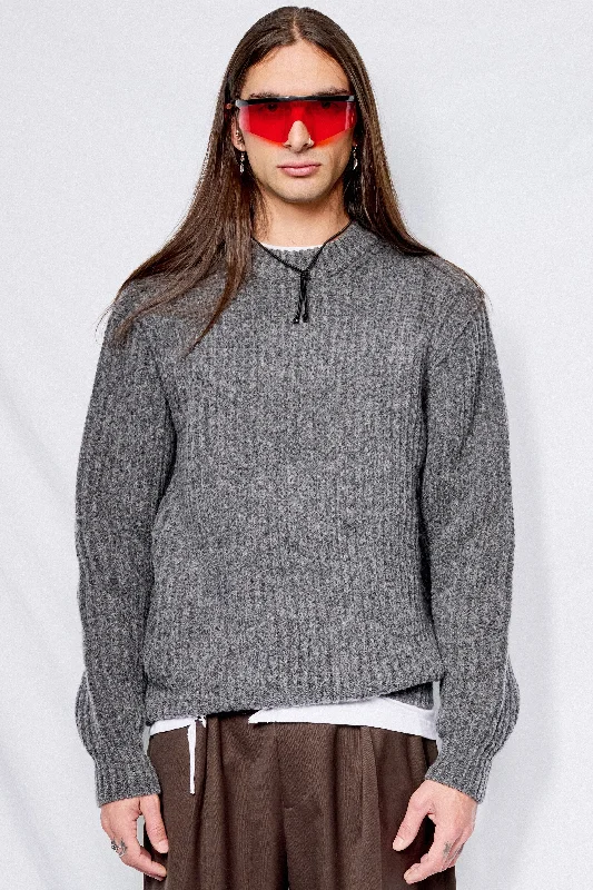 Unisex Dark Melange Grey Intarsia Sweater Cable Knit Ribbed Knit Lace Knit