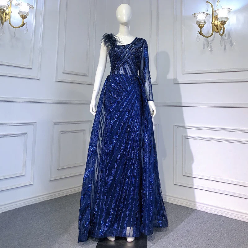 Serene Hill Blue Overskirt Mermaid Evening Dresses Gowns 2024 Beaded Elegant Luxury One Shoulder For Women Party LA71608