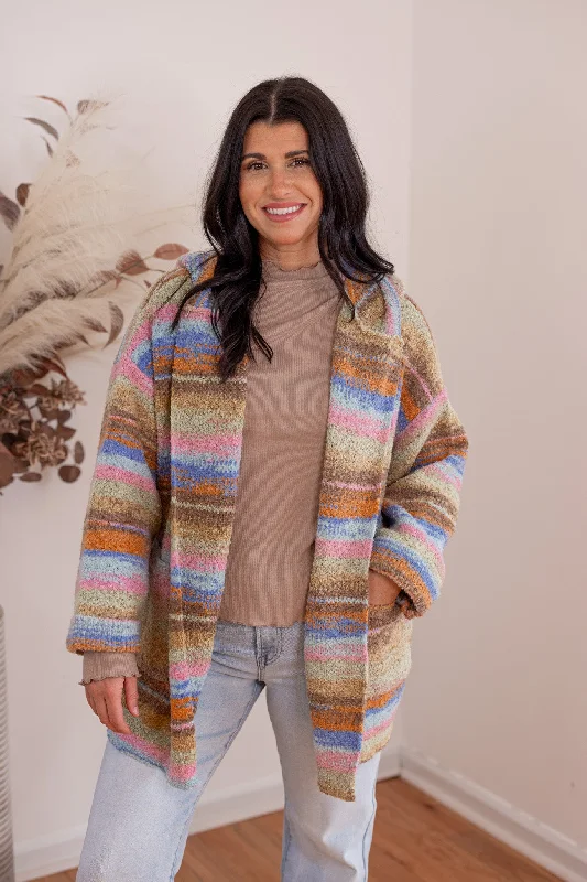 Colorful Perfection Blue Striped Cardigan Fleece Cardigan Nylon Polyester