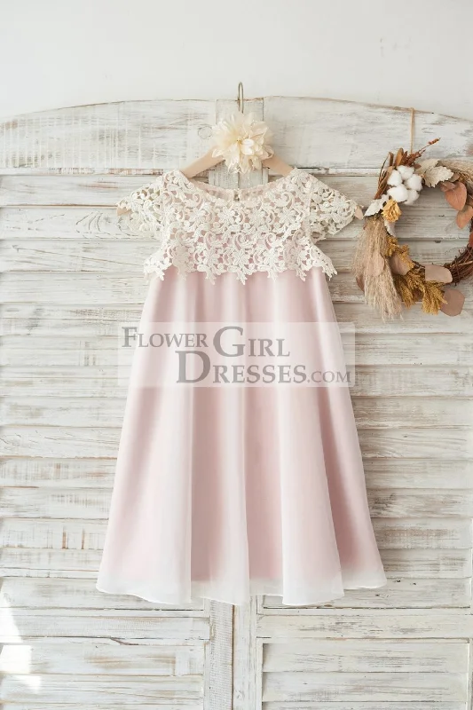 Boho Beach Lace Cap Sleeves Ivory Chiffon Wedding Flower Girl Dress
