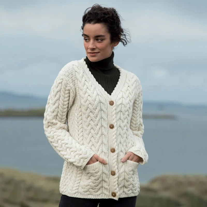 Traditional Irish Cable Knit Ladies Cardigan Herringbone Houndstooth Plaid
