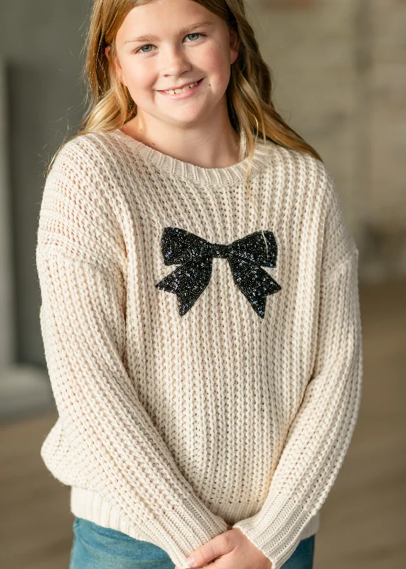 Girl's Crewneck Sequin Bow Knit Sweater Lightweight Heavyweight Midweight