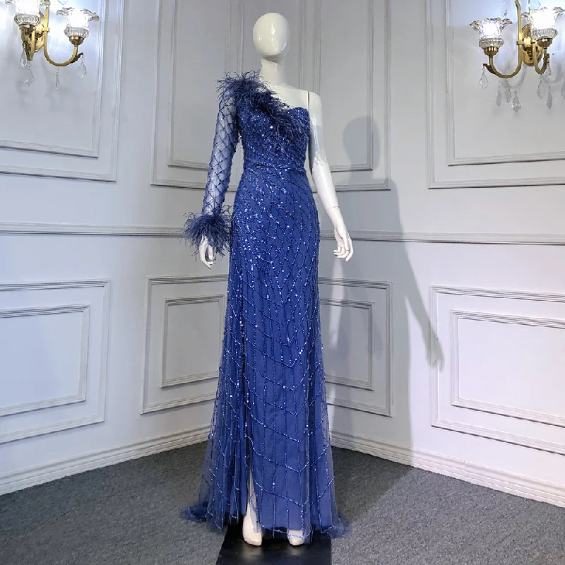 Serene Hill Blue One Shoulder Mermaid Evening Dresses Gowns 2024 Beaded Feather Elegant Luxury For Women Party LA71612