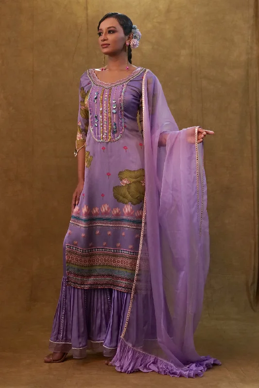 Lavender Printed Kurta Set Paired With Organza Dupatta And Flared Pants High-Waisted Pants,