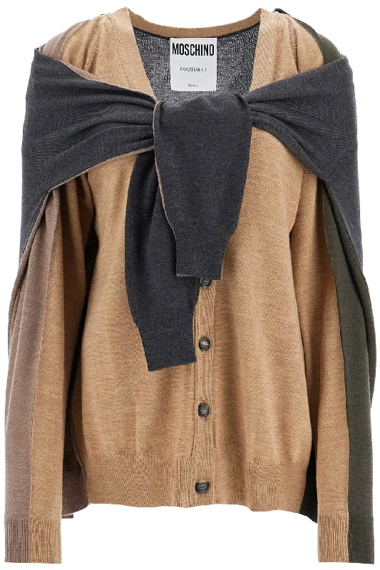 Double-sleeved Cardigan  - Beige Herringbone Houndstooth Plaid