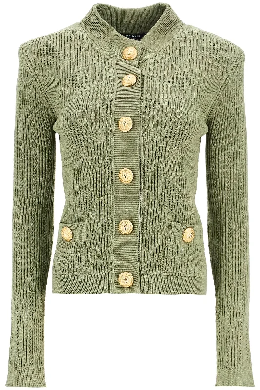 High-neck Cardigan With Embossed Buttons  - Green Soft Cozy Warm