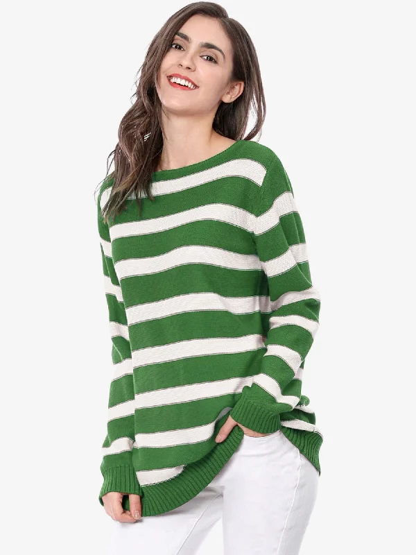 Round Neck Drop Shoulder Color Block Tunic Striped Sweater Stylish Fashionable Trendy