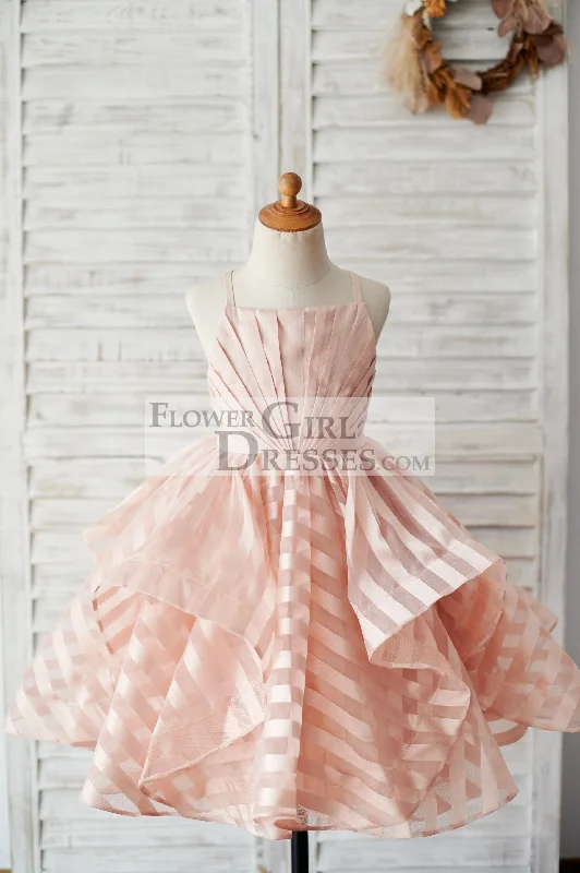Peach Stripe Organza Spaghetti Straps Wedding Flower Girl Dress