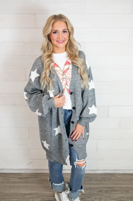 J.nna Printed Button Down Long Cardigan-Heather Grey Zippered Buttoned Snapped