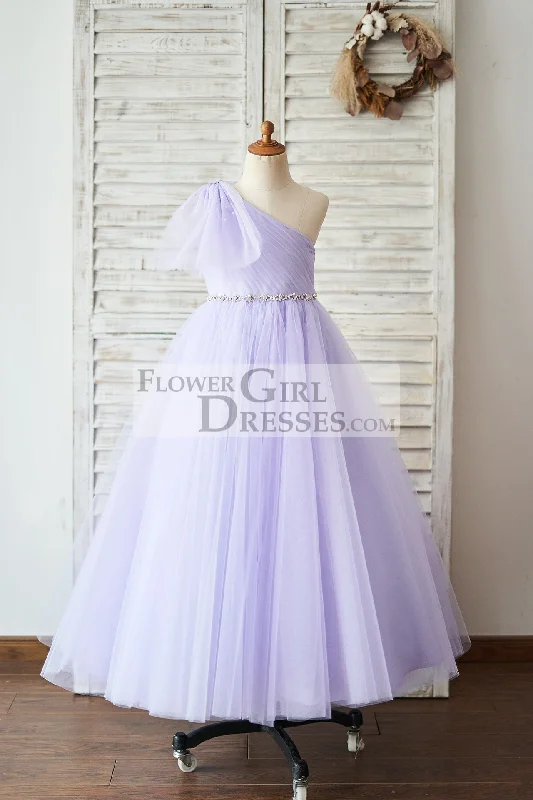 Ball Gown One Shoulder Beaded Lavender Tulle Wedding Flower Girl Dress