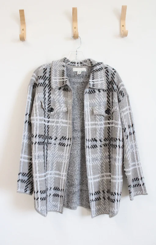 By Design Soft Gray Plaid Cardigan | M Hooded Caped Shawl Collar