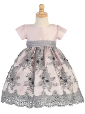 Lito Girls Pink Silver Shantung Sequins Tulle Christmas Dress 2T-12
