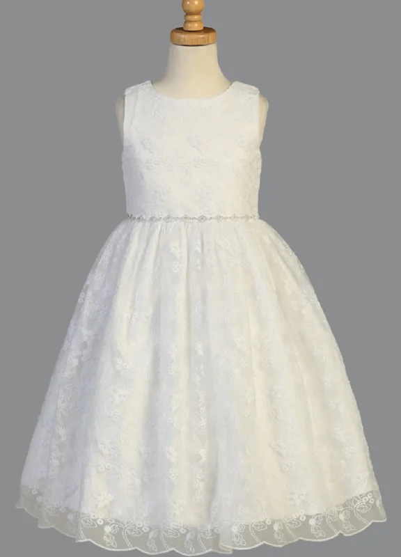 Girls Embroidered Tulle w/Rhinestone Belt Communion Dress LNKSP993