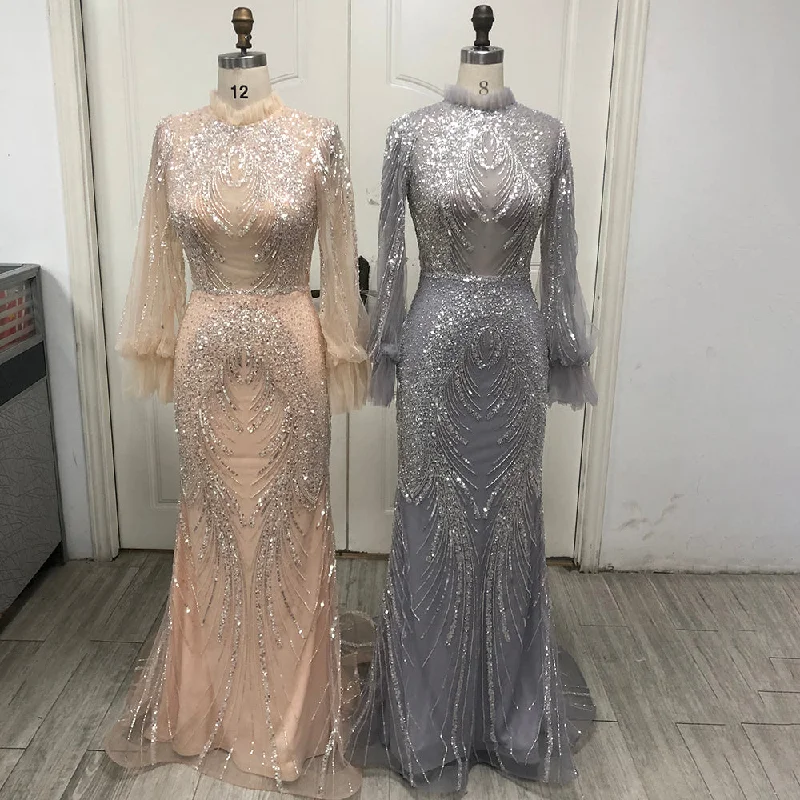Serene Hill Grey Mermaid Elegant High Neck Evening Dresses Gowns 2022 Full Sleeves Beaded Luxury For Women Party LA71609