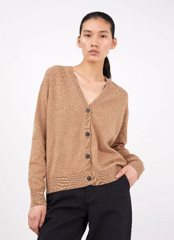 Women's Cashmere Boxy Cardigan in Camel Fleece Fabric Down Fabric Feather Fabric