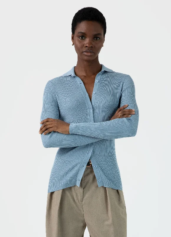 Women's Mulberry Silk Rib Cardigan in Light Blue Nylon Fabric Polyester Fabric Spandex Fabric