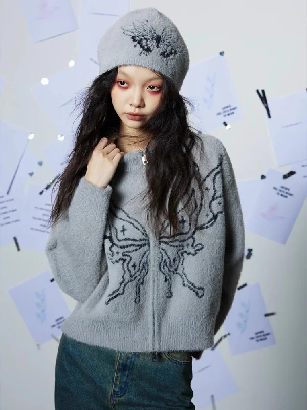 Round neck butterfly sweater + hat【s0000006339】 Mesh Blend Leather Blend Suede Blend
