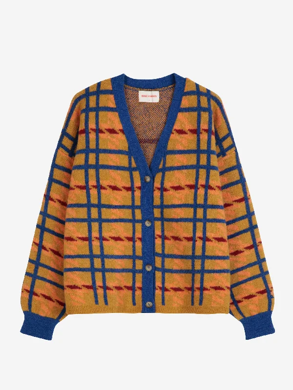 Mandras Checked Cropped V-Neck Cardigan Print Jacquard Patchwork