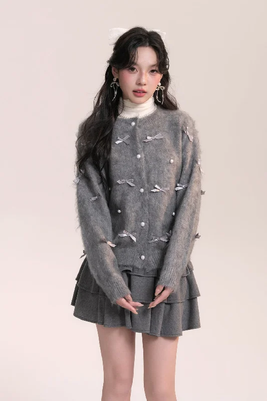 Ballet Style Handmade Bow Knitted Cardigan AOO0039 Boat Neck Shawl Collar Notched Collar