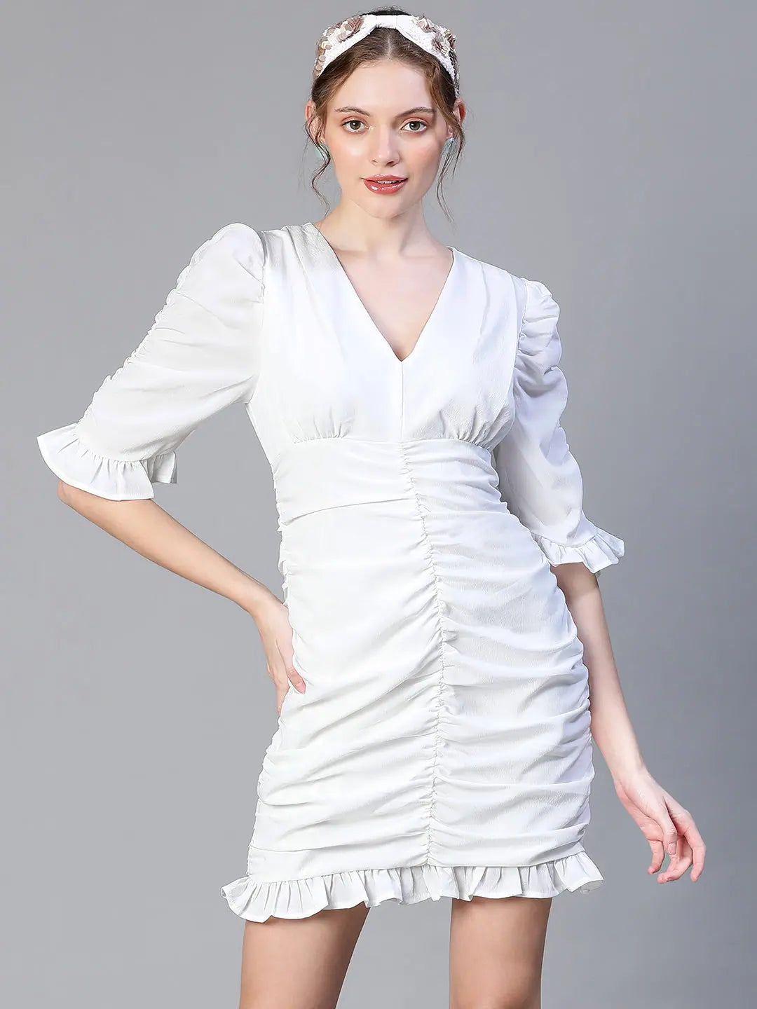 Women White Gather Pleated V-Neck Ruffle Dress