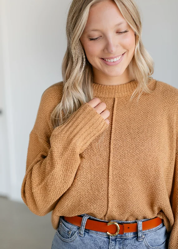 Loose Knit Camel Crewneck Sweater - FINAL SALE Front Pockets Side Pockets Patch Pockets