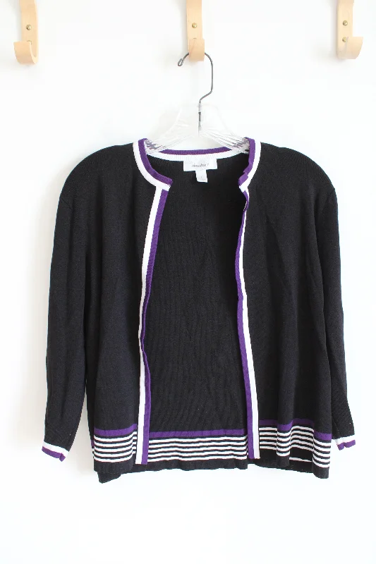 Dressbarn Purple & White Striped Edged Black Cardigan | L Button Cardigan Zip Cardigan Pullover Cardigan