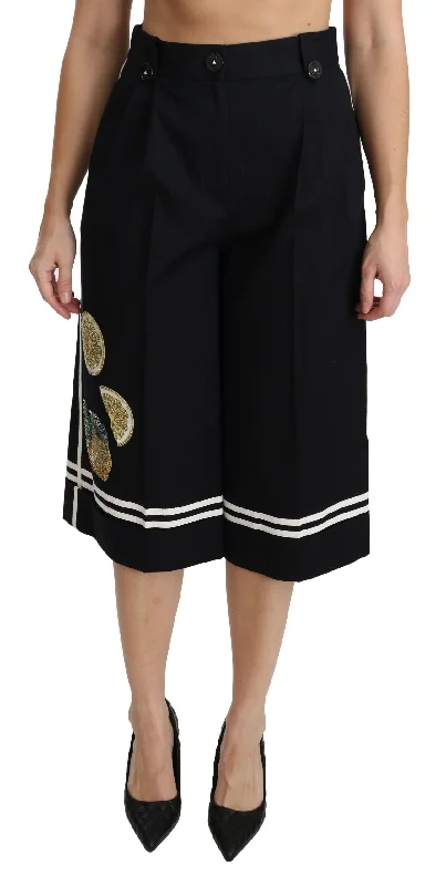 Dolce & Gabbana High Waist Palazzo Cropped Pants in Black Lemon Trousers Skinny,